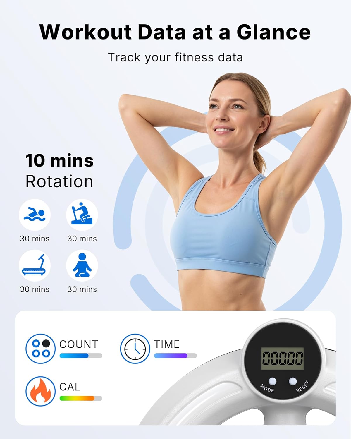 Built-in counter shows rep count and workout time