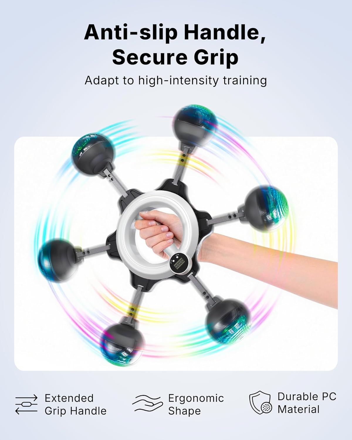 Anti-slip extended grip handle of the 360 Arm Trainer