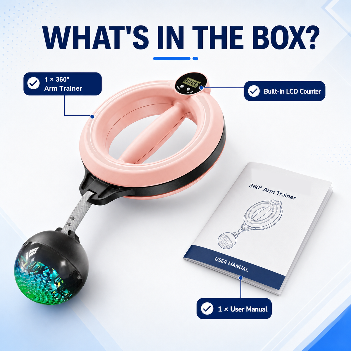 What's in the box: 360 Arm Trainer with built-in LCD counter and user manual